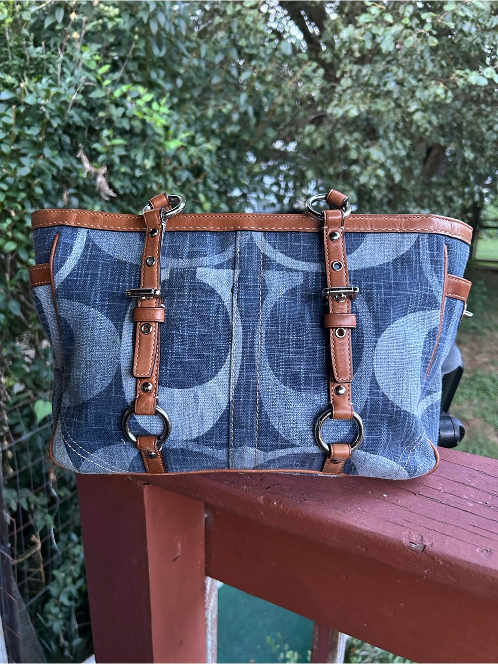 Coach Blue Signature East/West Gallery Denim Tote with Brown Leather Accents - Picture 4 of 14